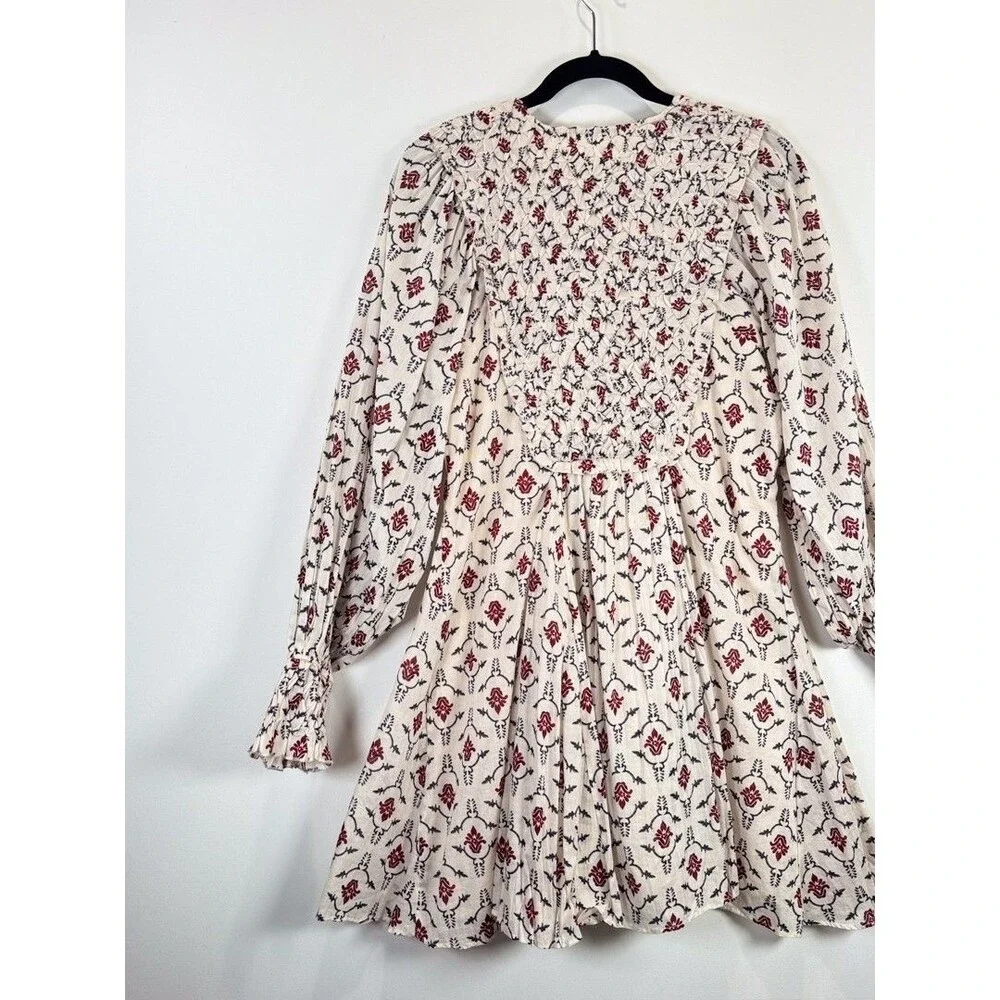 ZARA Mini Dress Beige Floral Puff Sleeve V Neck Lace Up Ruffle A Line Boho XS